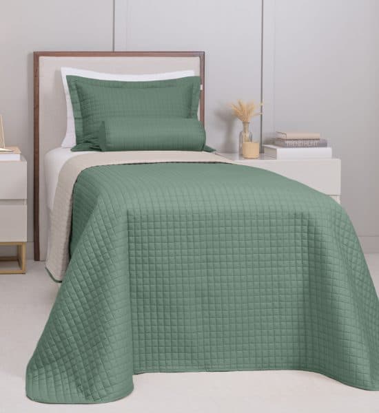 COBRE LEITO PLAZA SOLTEIRO DUPLA FACE 02 PCS POL. - VERDE MALVA/PALHA