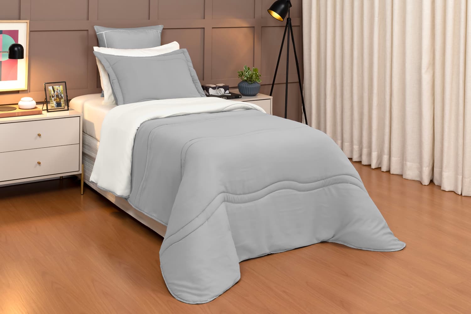 EDREDOM ALURE SOLTEIRO 02 PCS POL. WASHED - CINZA/PALHA